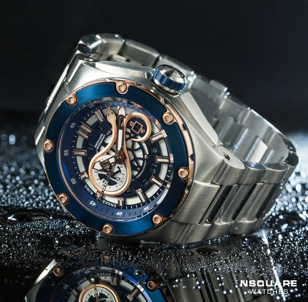 NSQUARE SnakeKing Automatic Watch-46mm N10.4 RG/Steel/SS Bracelet|蛇皇系列 自動表-46毫米 N10.4 海邊藍色/不銹鋼錶鍊