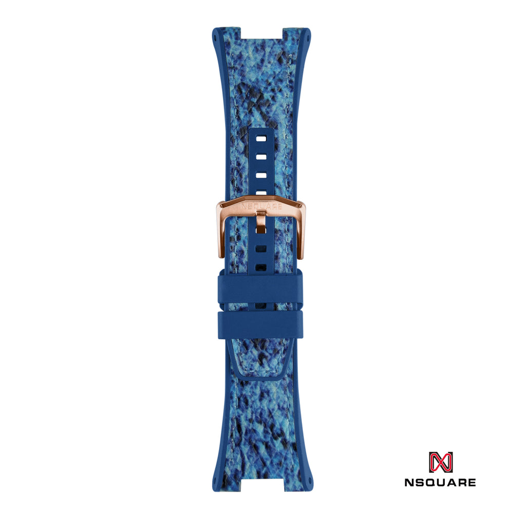 N11.10 雙材質 - 藍色蟒蛇壓花圖案皮和藍色橡膠帶