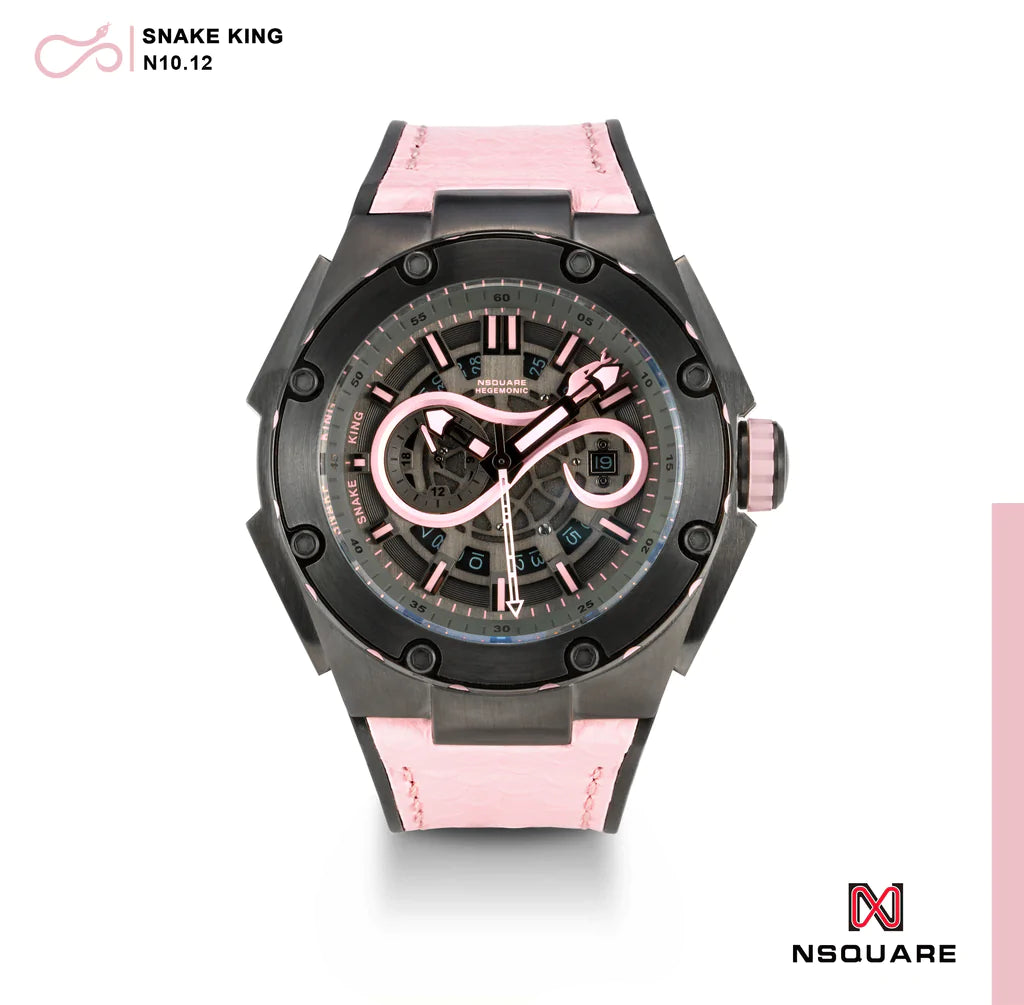 N10.12 Dual Material - Pink Snake Embossing Pattern Leather with Black Rubber Strap|N10.12 雙材質 - 粉紅色蟒蛇壓花圖案皮和黑色橡膠帶