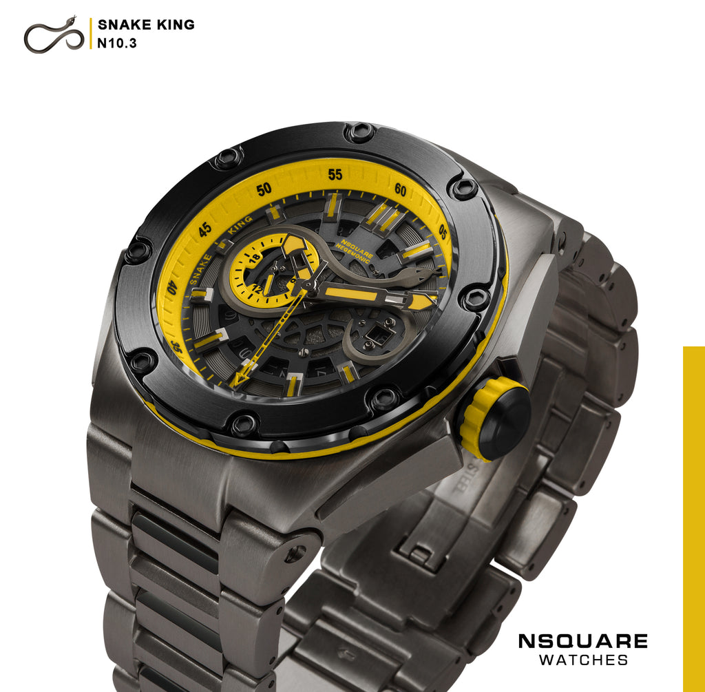 NSQUARE SnakeKing Automatic Watch-46mm N10.3 Gray/Yellow/GrayBracelet|蛇皇系列 自動錶-46毫米 N10.3 灰/黃/灰錶鏈帶