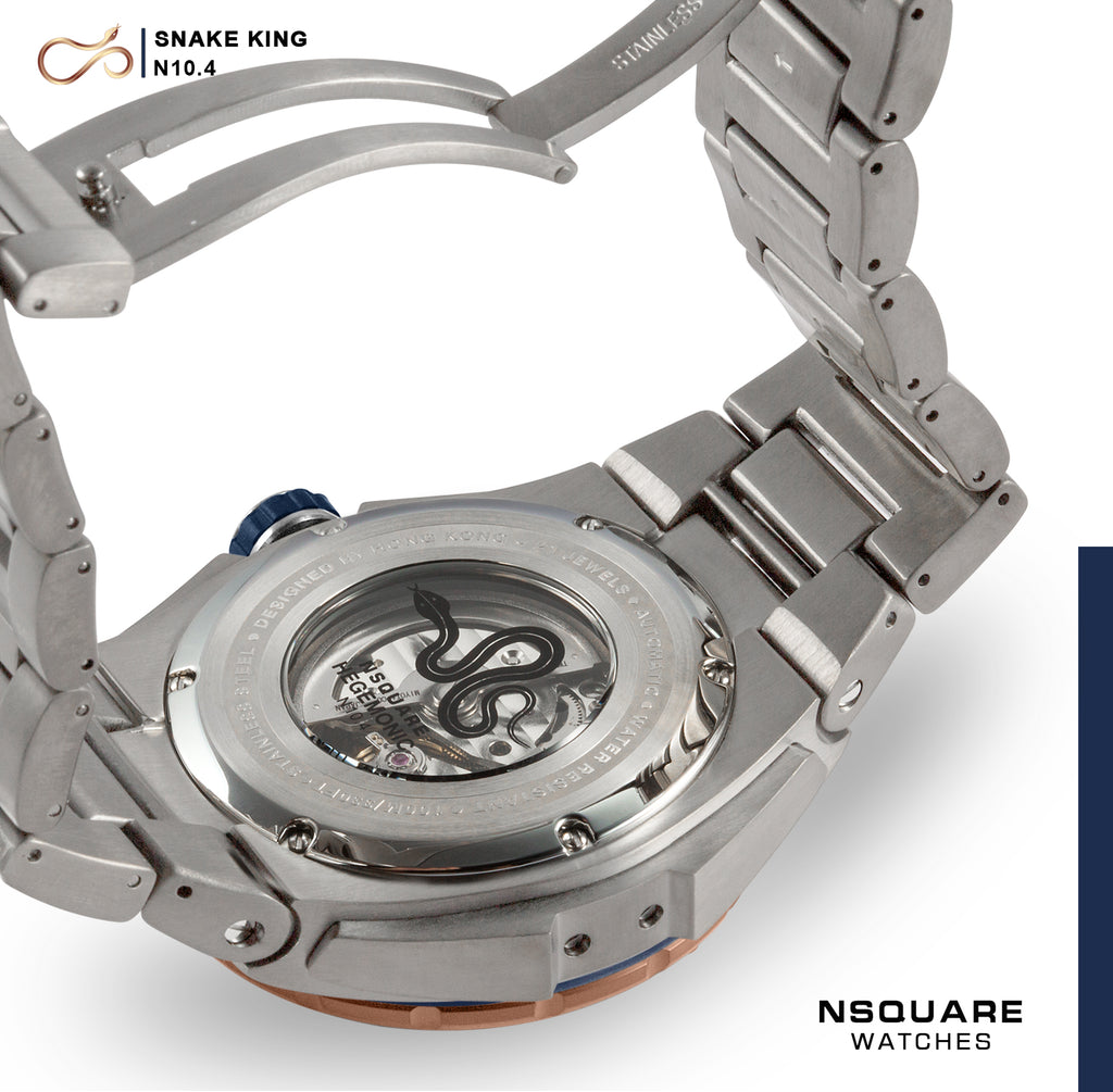 NSQUARE SnakeKing Automatic Watch-46mm N10.4 RG/Steel/SS Bracelet|蛇皇系列 自動表-46毫米 N10.4 海邊藍色/不銹鋼錶鍊