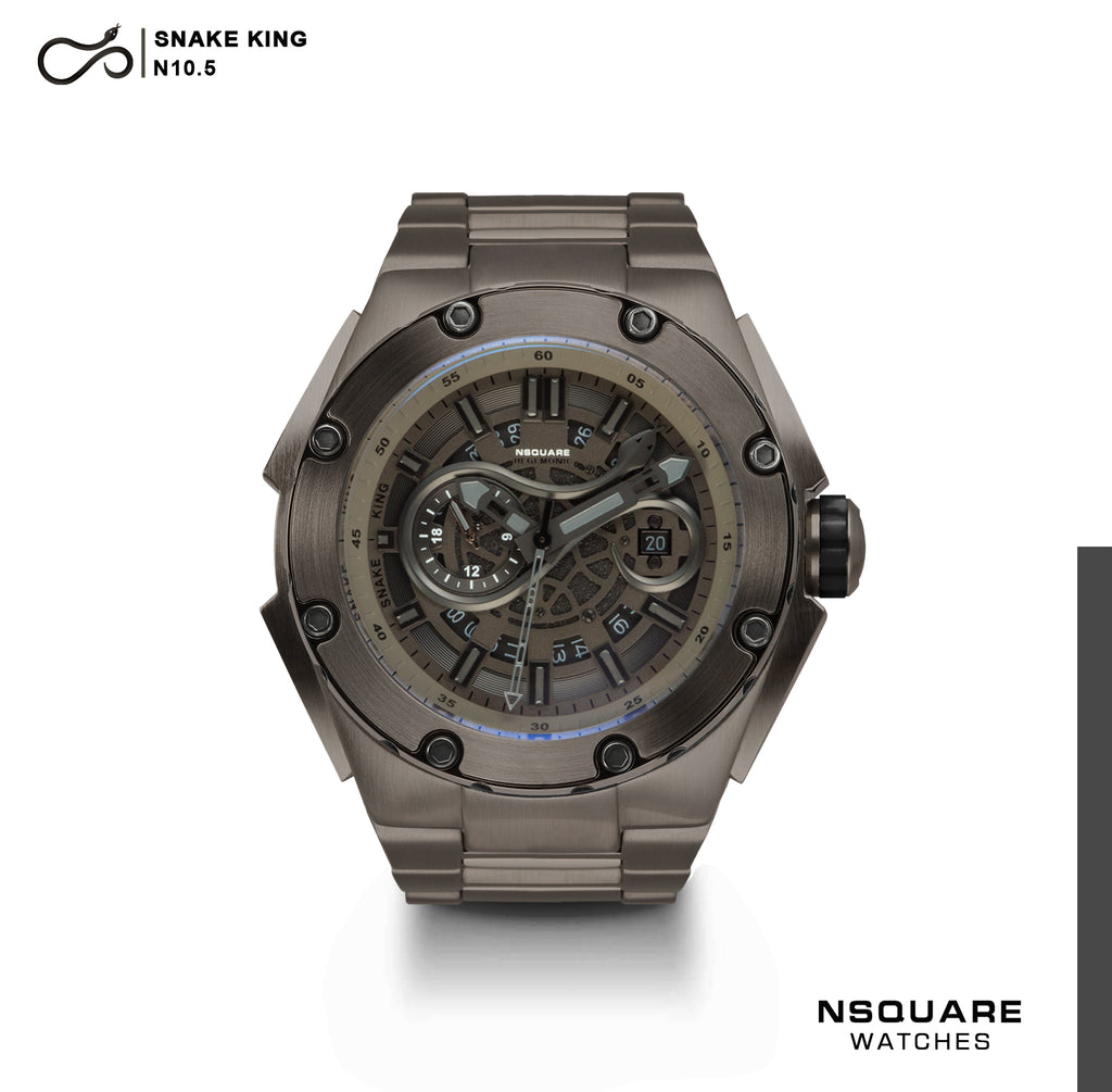 NSQUARE SnakeKing Automatic Watch-46mm N10.5 Grey Metal/Gun Bracelet|蛇皇系列 自動表-46米 N10.5 灰/灰色鋼錶鍊