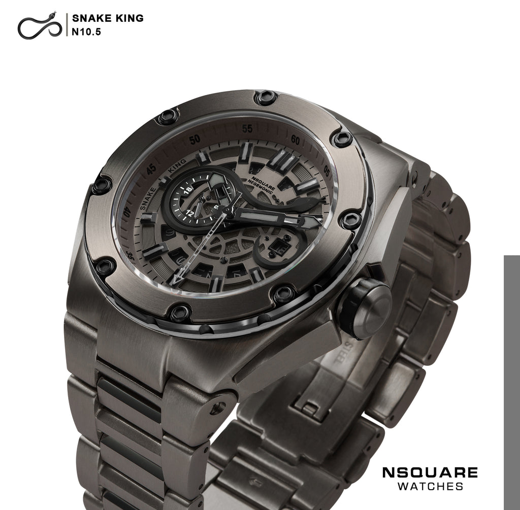 NSQUARE SnakeKing Automatic Watch-46mm N10.5 Grey Metal/Gun Bracelet|蛇皇系列 自動表-46米 N10.5 灰/灰色鋼錶鍊
