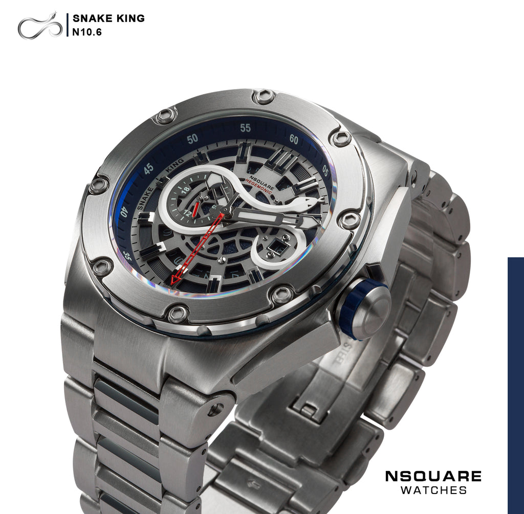 NSQUARE SnakeKing Automatic Watch-46mm N10.6 Blue Steel/SS Bracelet|蛇皇系列 自動表-46毫米 N10.6 鋼藍色/不金屬錶鍊