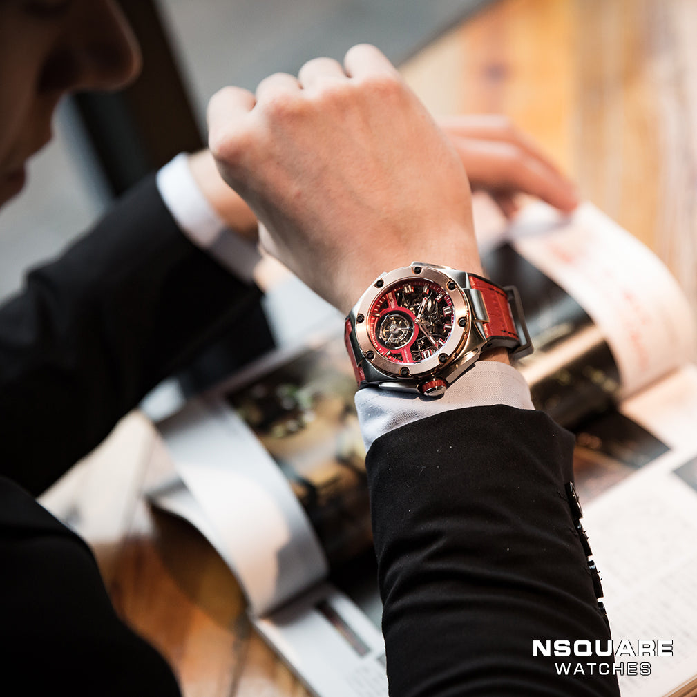 NSQUARE NM01-TOURBILLON Watch - 46mm N35.1 SS/RG/Red|NM01-陀飛輪 46毫米 N35.1 不鋒鋼/玫瑰金/紅