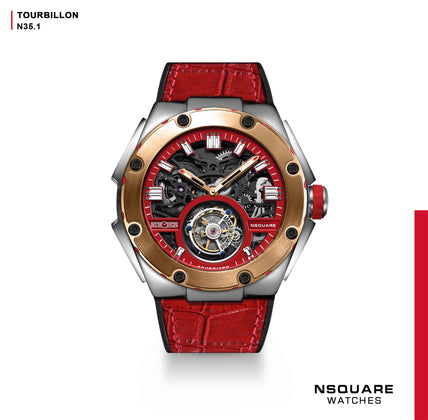 NSQUARE NM01-TOURBILLON Watch - 46mm N35.1 SS/RG/Red|NM01-陀飛輪 46毫米 N35.1 不鋒鋼/玫瑰金/紅