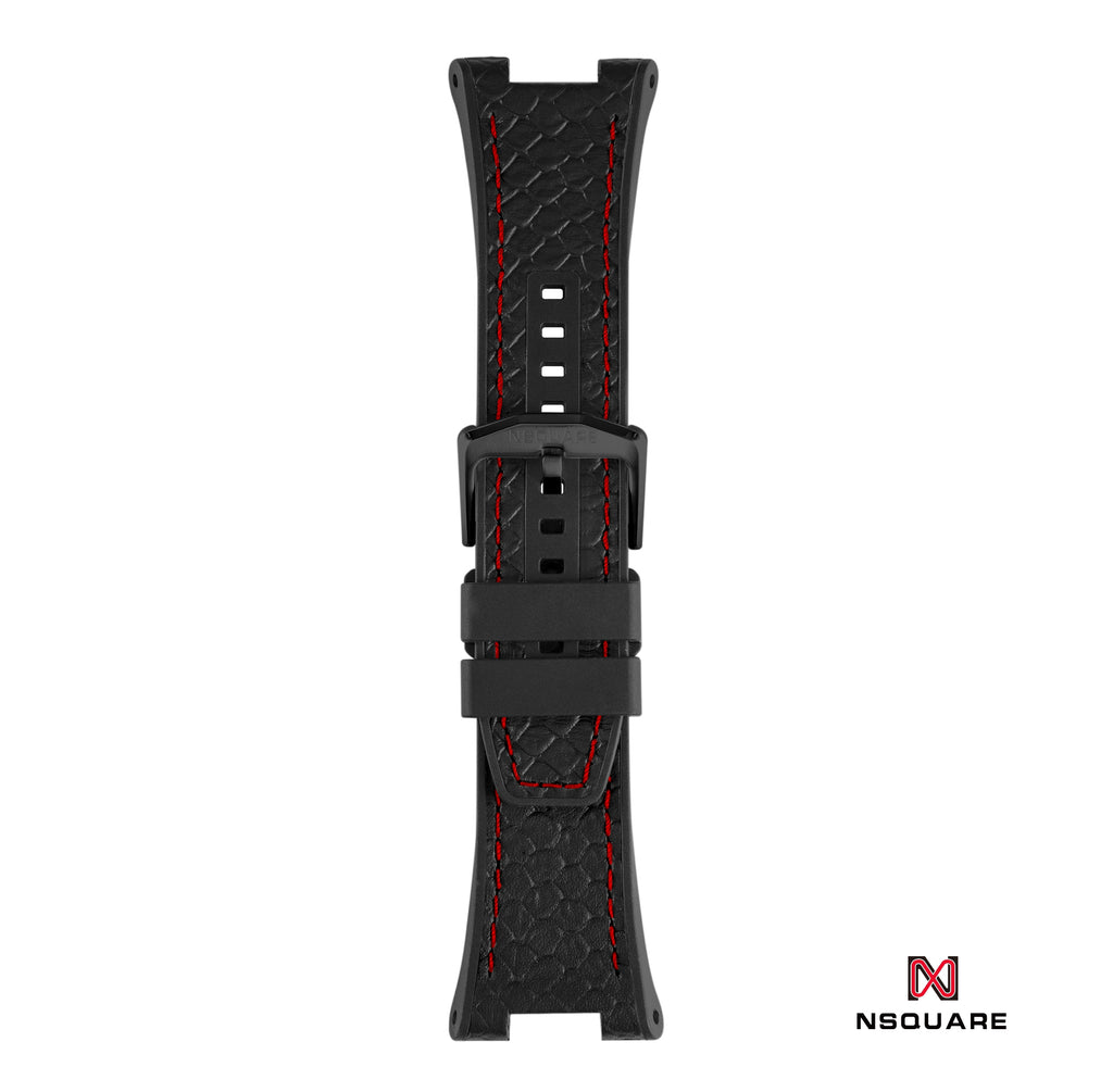 N51.3 雙材質 - 黑色蟒蛇壓花圖案皮和黑色橡膠帶
