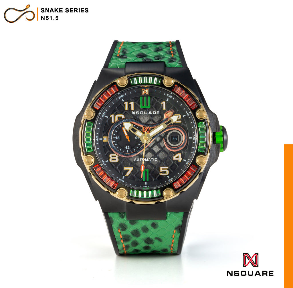 N51.5 Dual Material - Green/Black Snake Embossing Pattern Leather with Black Rubber Strap|N51.5 雙材質 - 綠/黑色蟒蛇壓花圖案皮和黑色橡膠帶