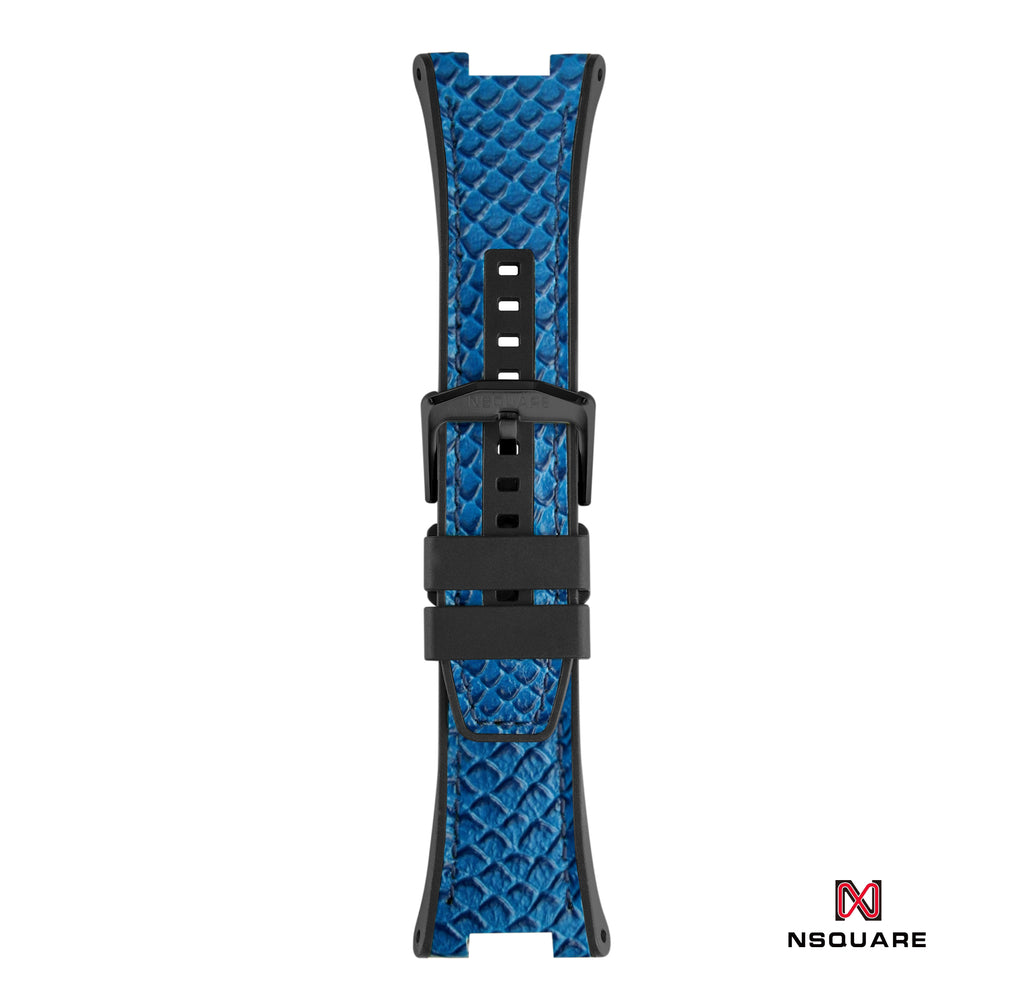 N51.6 雙材質 - 藍色蟒蛇壓花圖案皮和黑色橡膠帶