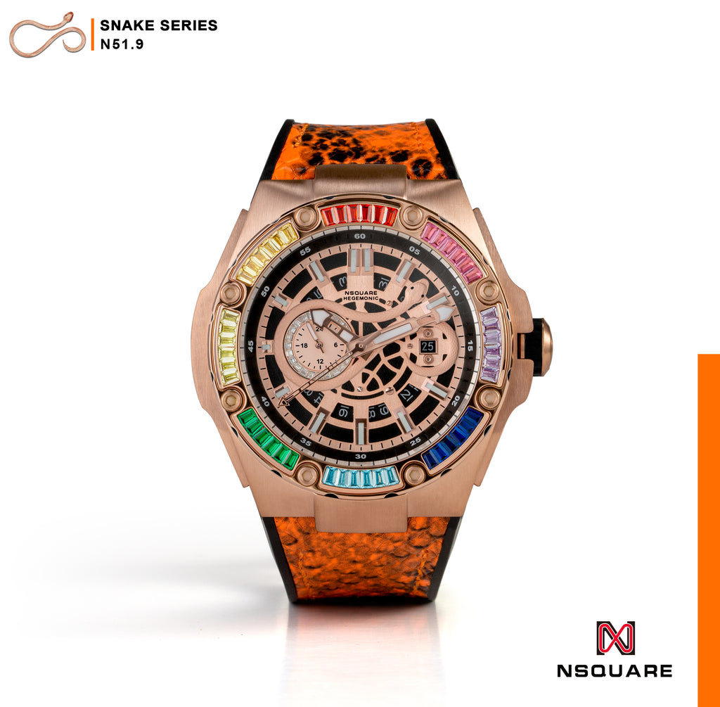 N51.9 Dual Material - Dual-colour: Orange Snake Embossing Pattern Leather with Black Rubber Strap|N51.9 雙材質 - 雙色: 橙色蟒蛇壓花圖案皮和黑色橡膠帶