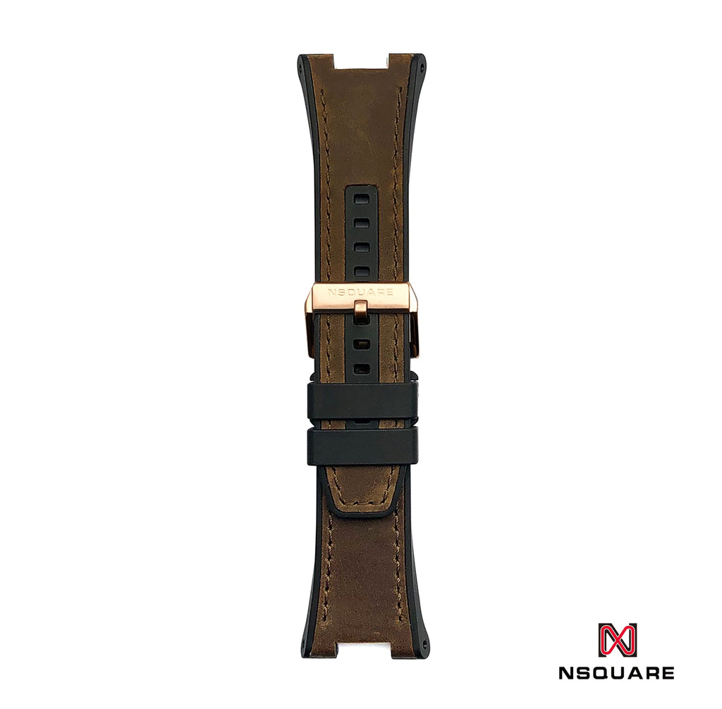 N44.1 Dual Material - 棕色復古皮革配黑色橡膠錶帶|N44.1 雙材質 - 咖啡色仿復古牛皮和黑色橡膠帶