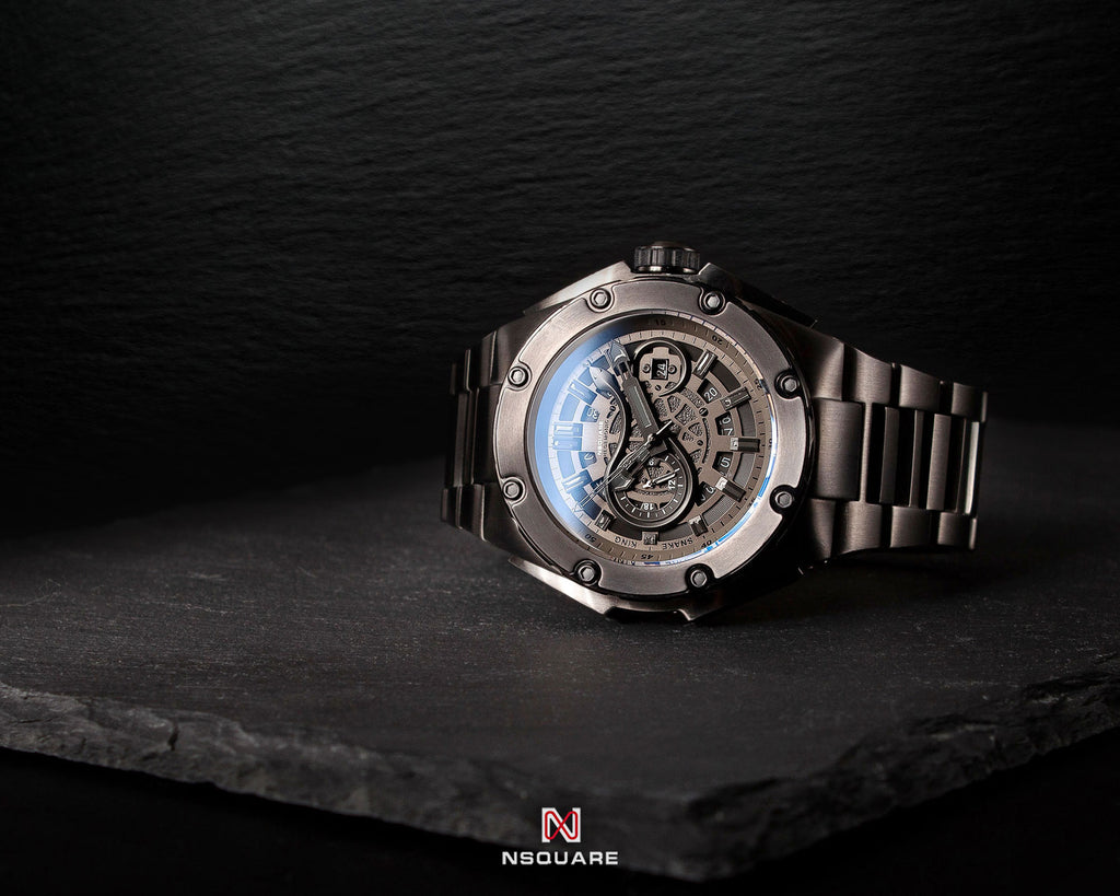 NSQUARE SnakeKing Automatic Watch-46mm N10.5 Gray Metal/Gun Bracelet|蛇皇系列 自動錶-46毫米 N10.5 灰/灰色鋼錶鏈帶